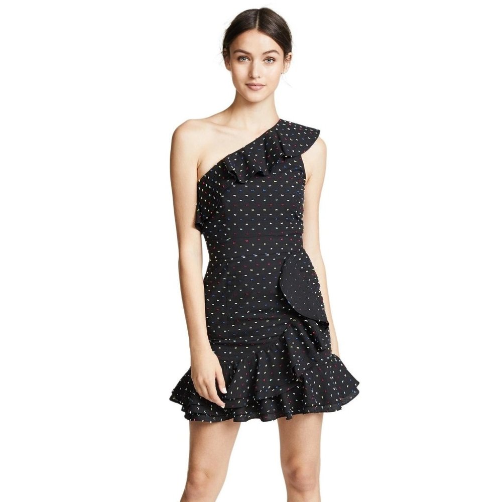 WAYF Womens Norton One Shoulder Mini Dress In Black Swiss Dot S Ruffle Hem Mini